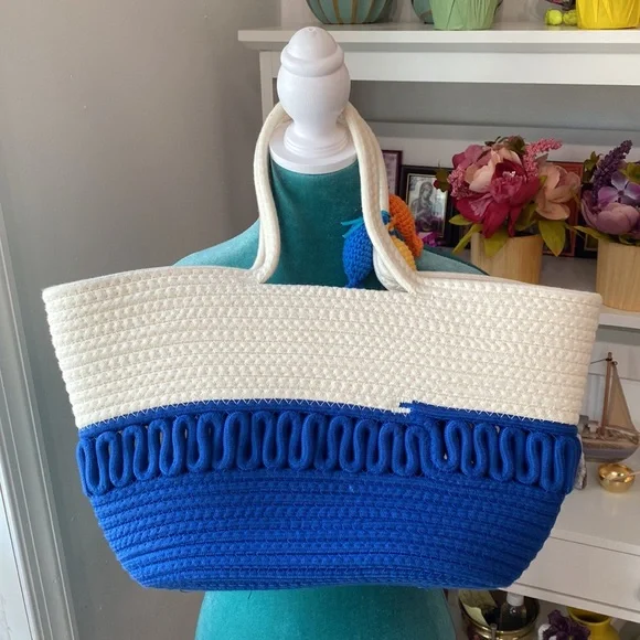 Large capacity Straw Bag double handle colorblock knitting fabric 🏖 beach Bag☀️ - Picture 2 of 6